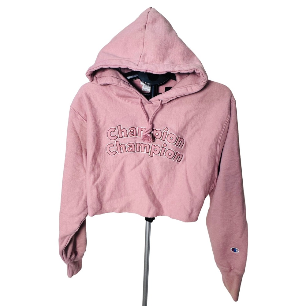 Champion Reverse Weave Pink Cropped Hoodie Sz M Raw Hem Y2K Streetwear Spellout